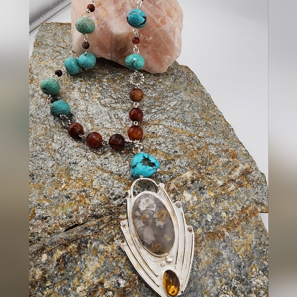 TURQUOISE, CARNELIAN, & DENDRITIC AGATE NECKLACE HANDMADE IN STERLING SILVER - Picture 6 of 9